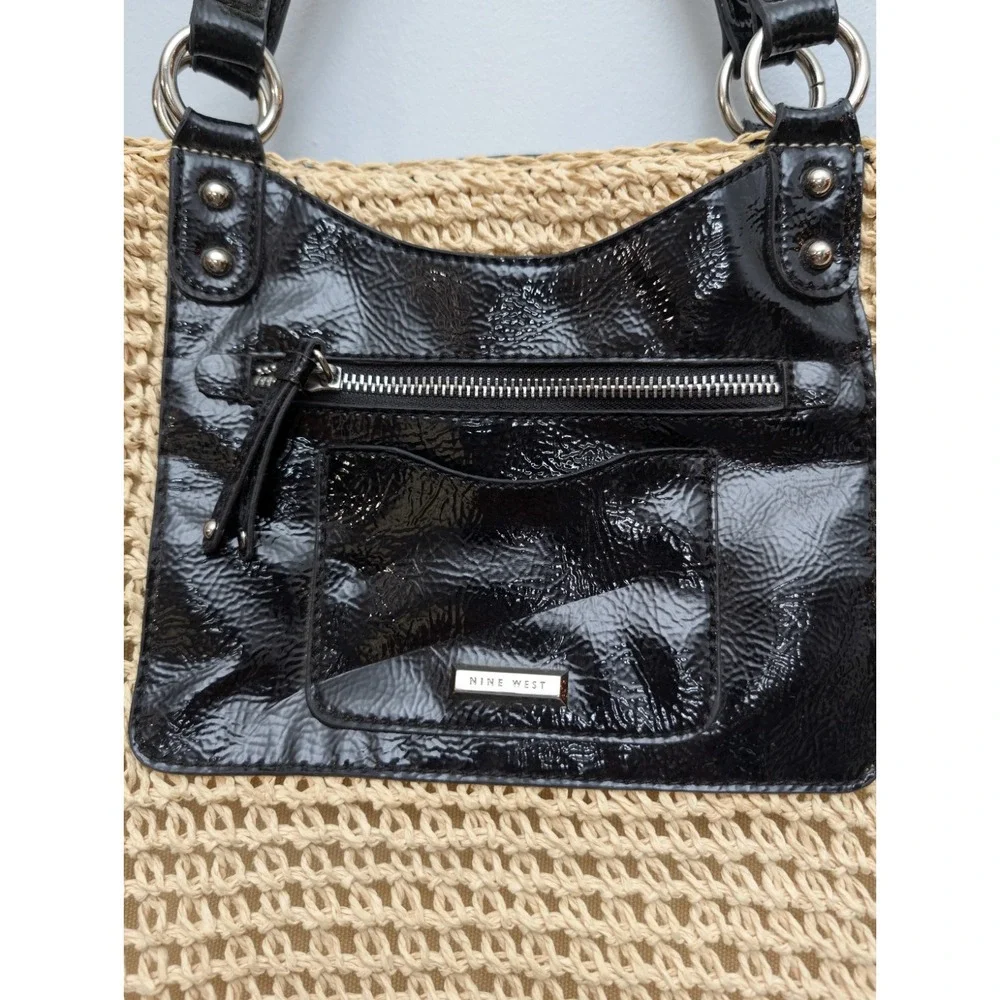Nine West Open-Weave Crochet Straw Tote Bag w/Faux Patent Leather & Attached Bag